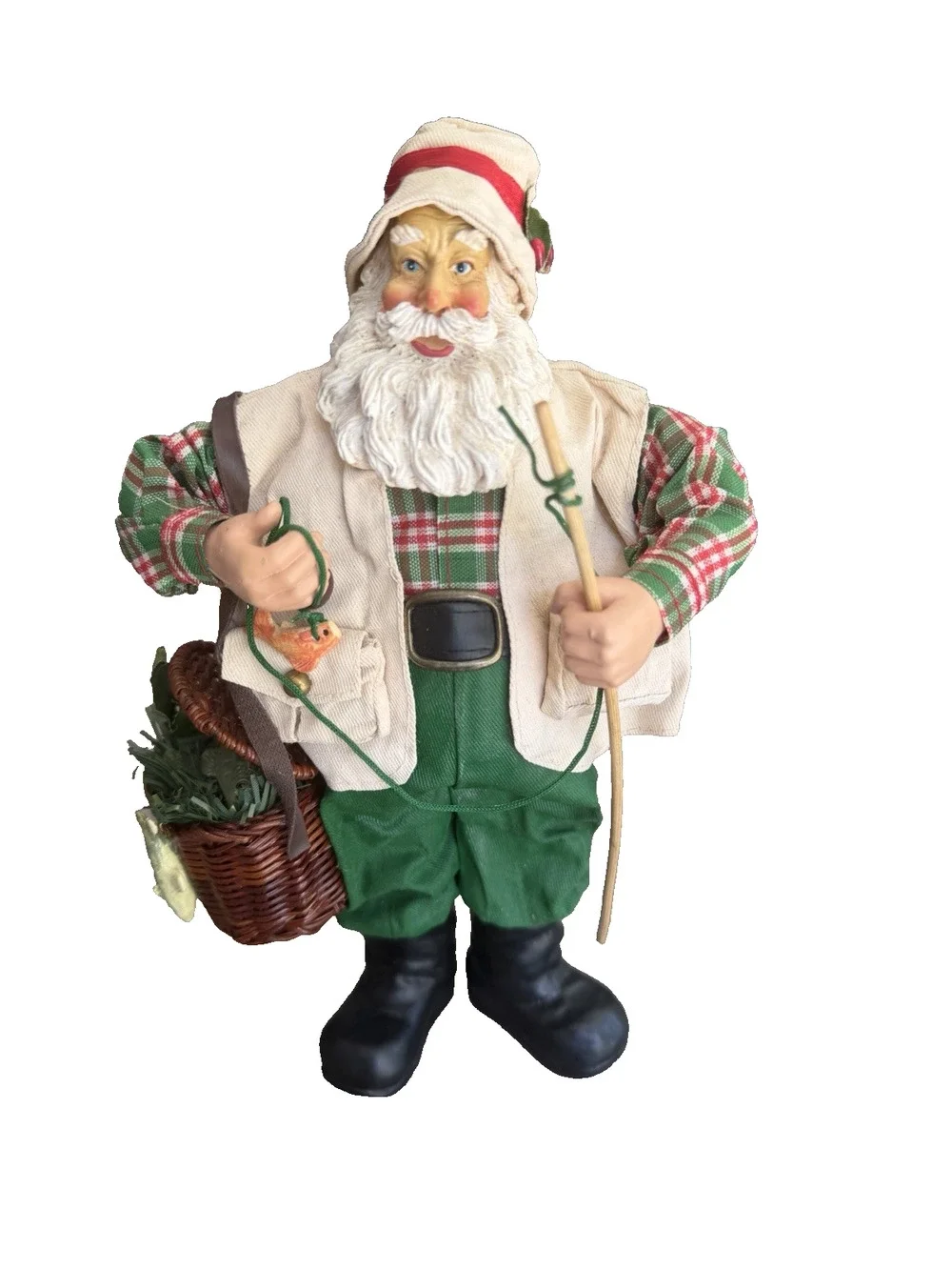 Vintage Fishing Christmas Santa Claus with Fishing Pole Figurine Fabric Mache